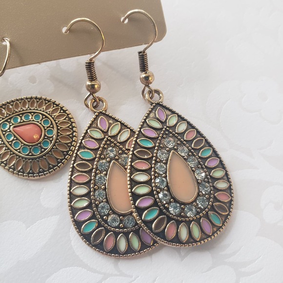 Multi-colored Earrings Set Round Drop-shaped Flower Set Turquoise - Picture 5 of 7